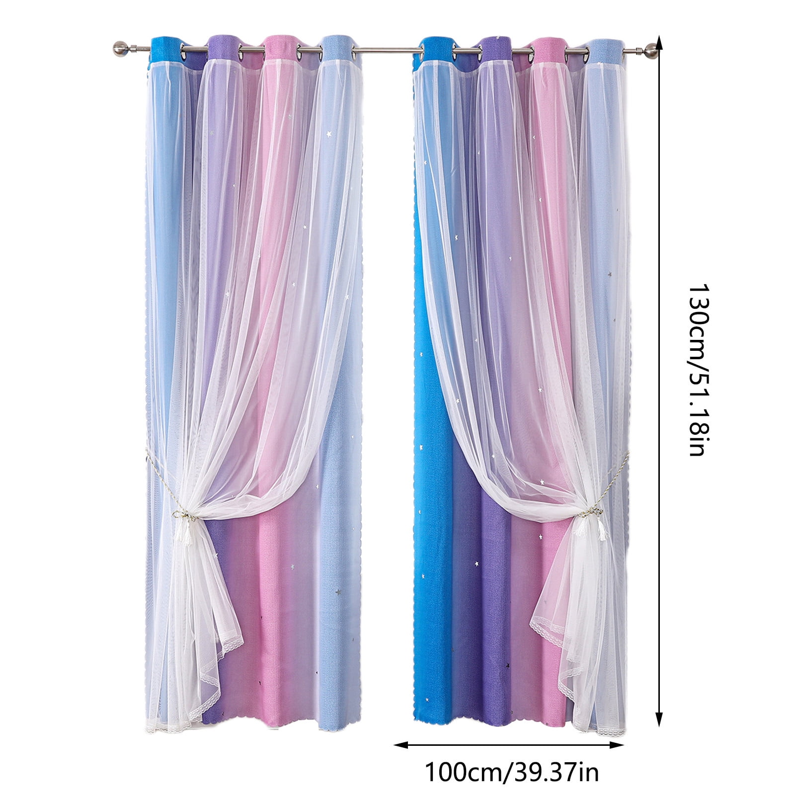 2-in-1 Double-Layer Kids & Girls Unicorn Princess Ombre Blackout Curtains with Foil Print Sheer,Panels for Bedroom, Nursery, Living Room - Yellow Purple Blue, 52W x 63L