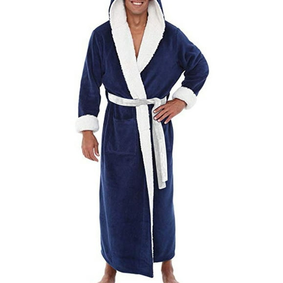 LUXUR Men Dressing Gown Hooded Wrap Robe Long Sleeve Bath Robes Plain Nightwear Solid Color Towelling Blue White XL