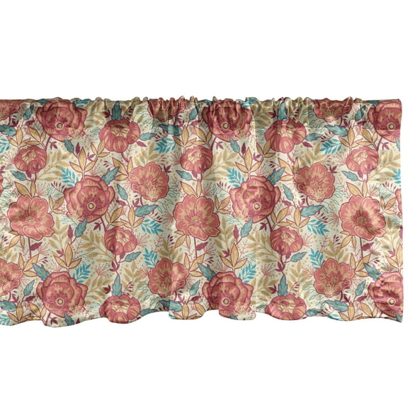 Ambesonne Floral Window Valance, Summer Time Flowers Leaves, 54" X 12", Eggshell Dark Coral