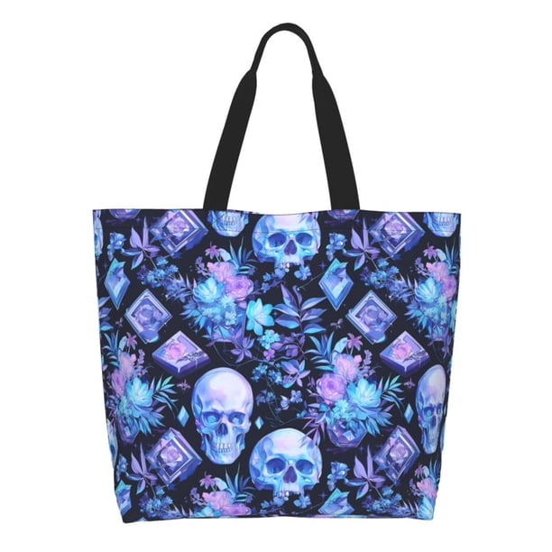 Disketp Skull blue crystal flower Bolsa Tote Estampada para Mujer, Bolso de Hombro y de Mano para Compras y Viajes