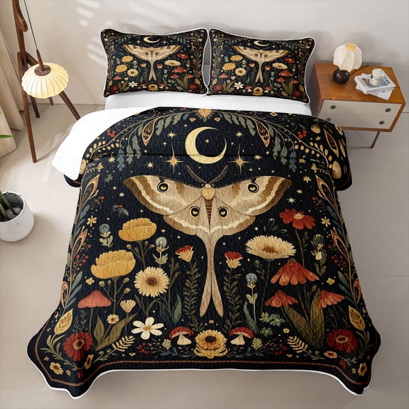 Homewish Boho Moth Twin Quilt Set, Hippie Flower Mushroom Twin Coverlet Set, 2 Pieces 1 Bedspread and 1 Pillowcase