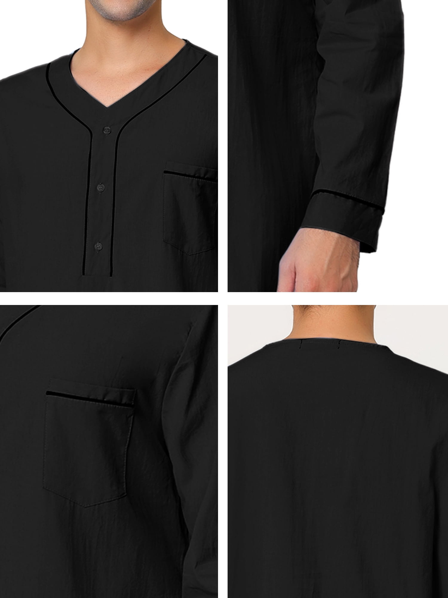 Unique Bargains Men's Nightshirt Cotton Sleep Shirt Long Sleeve Nightgown Sleepwear M Black