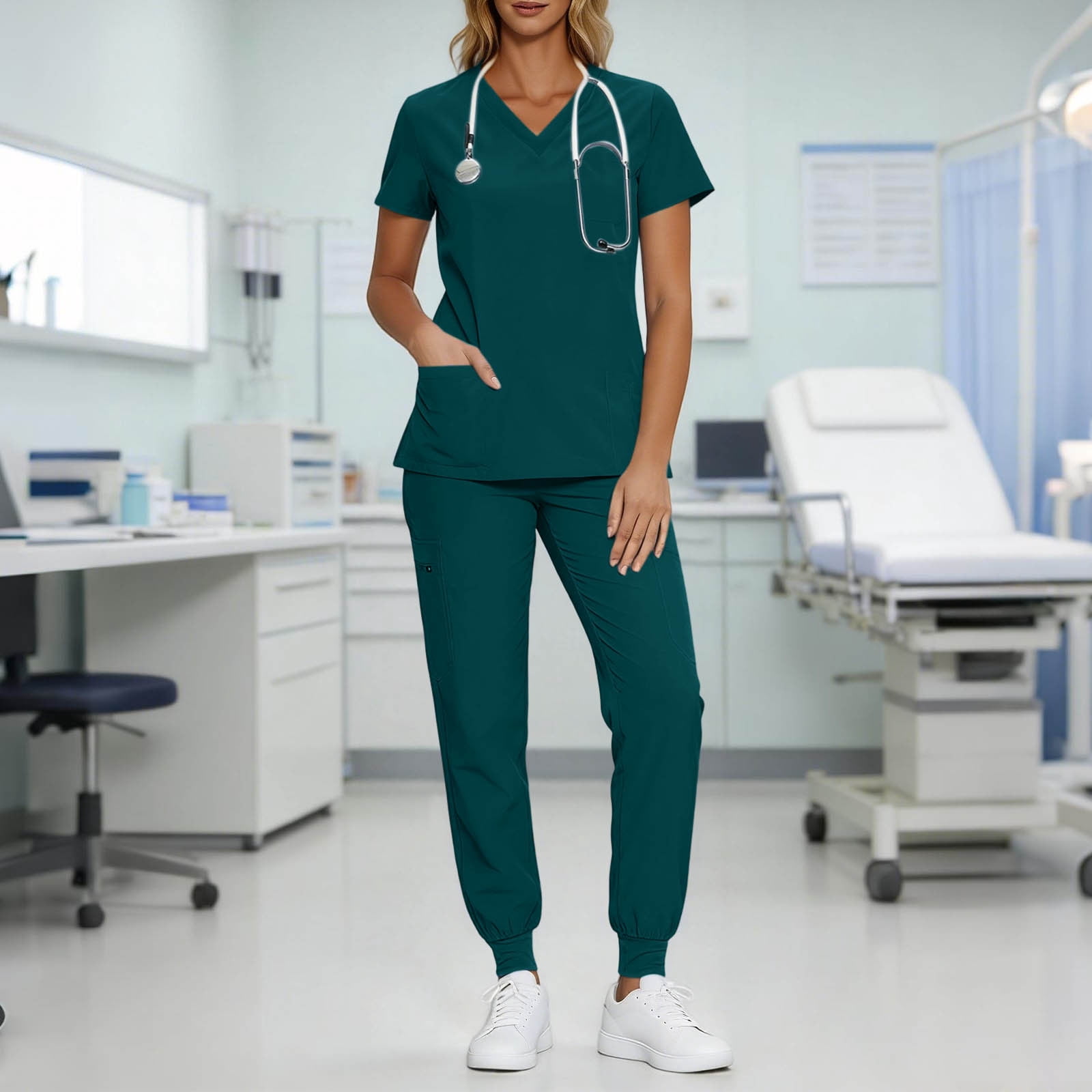 Scrubs for Women Set V-Neck Scrub Top Stretch Jogger Pants Stretchy Scrub Set Womens Workwear Nursing Uniform