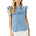 thumbnail image 2 of Woven Solid Ruffle Neck Button Front Blouse, 2 of 3