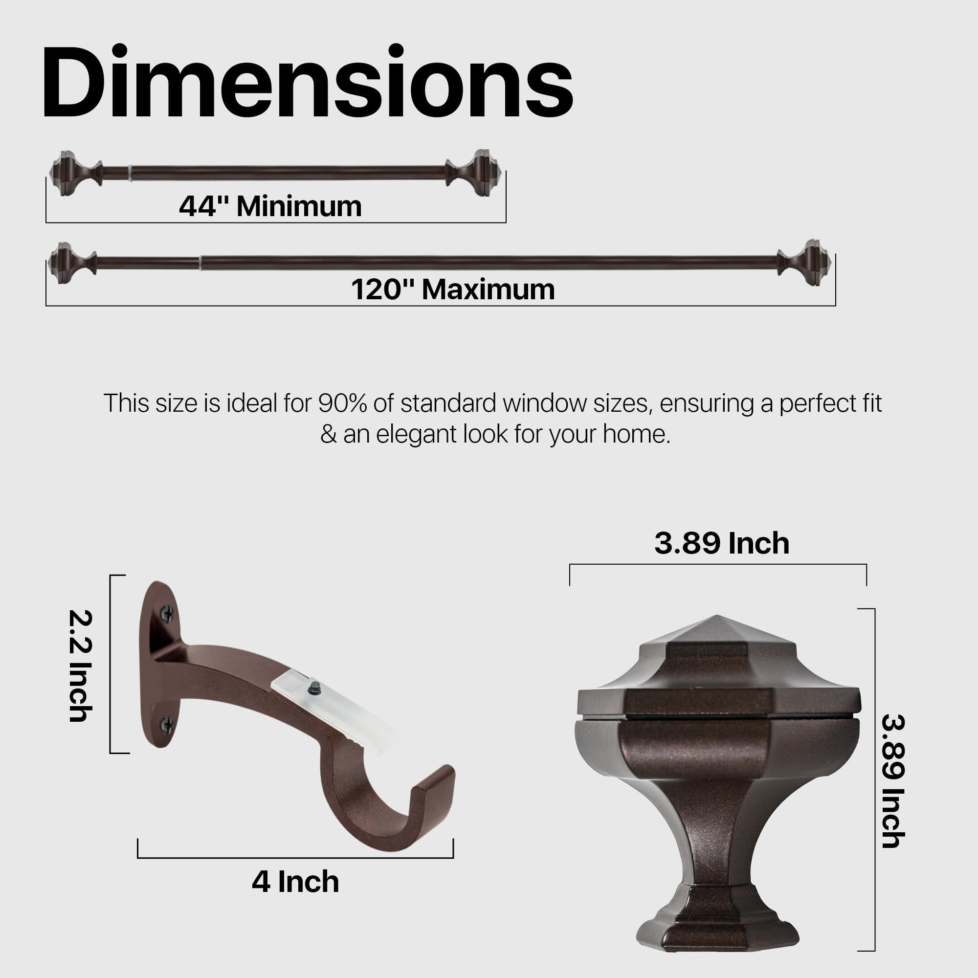 Deco Window Adjustable Curtain Rod for Windows 44 to 120 Inch (Pack of 1) Extendable Heavy Duty 1 Inch Iron Drapery Pole with Finials Wall Mounted French Door Curtain Rods (Brown)