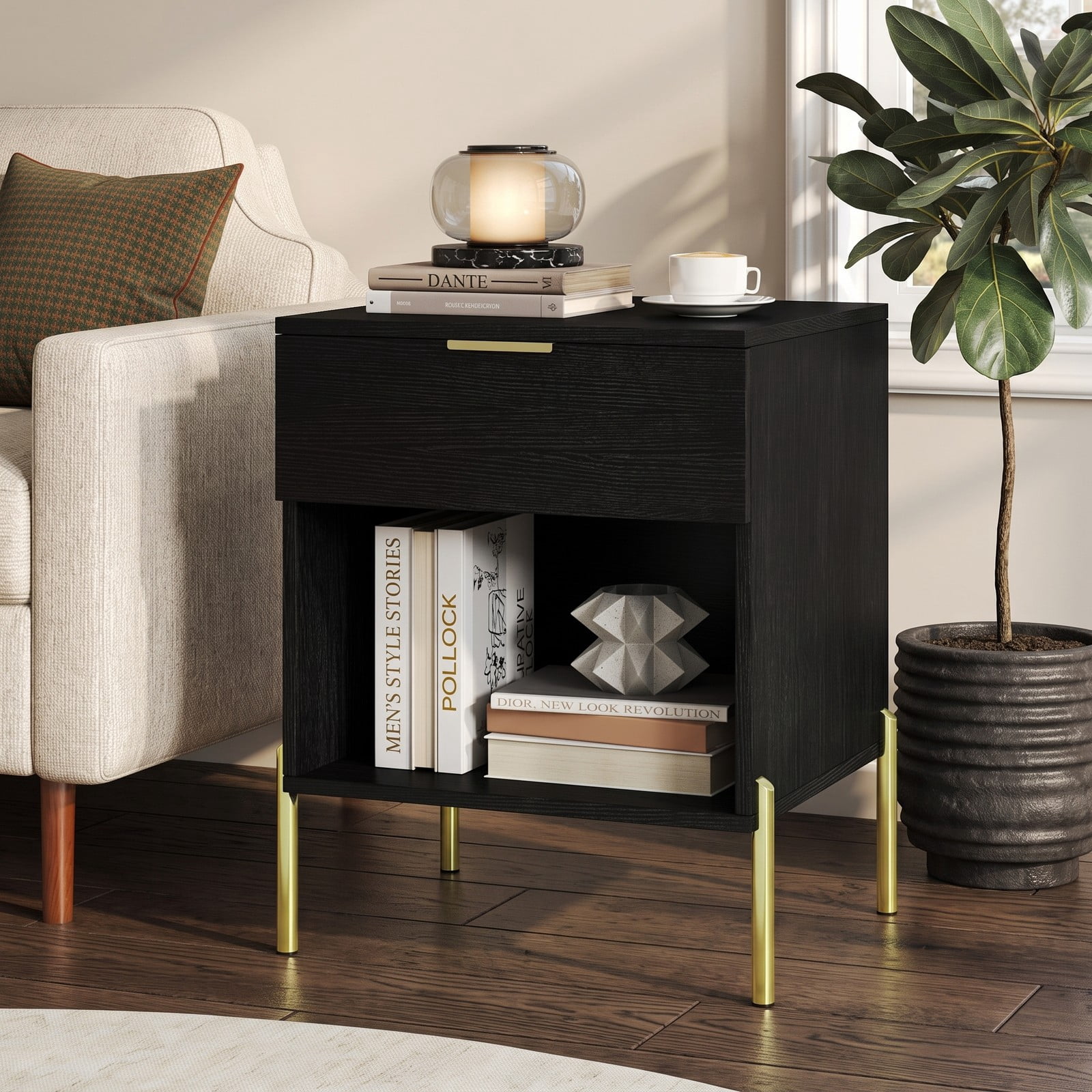 Furnibear Modern Nightstand with Charging Station for Bedroom, 1 Drawer and Open Compartment Bedside Table with Metal Legs, Black