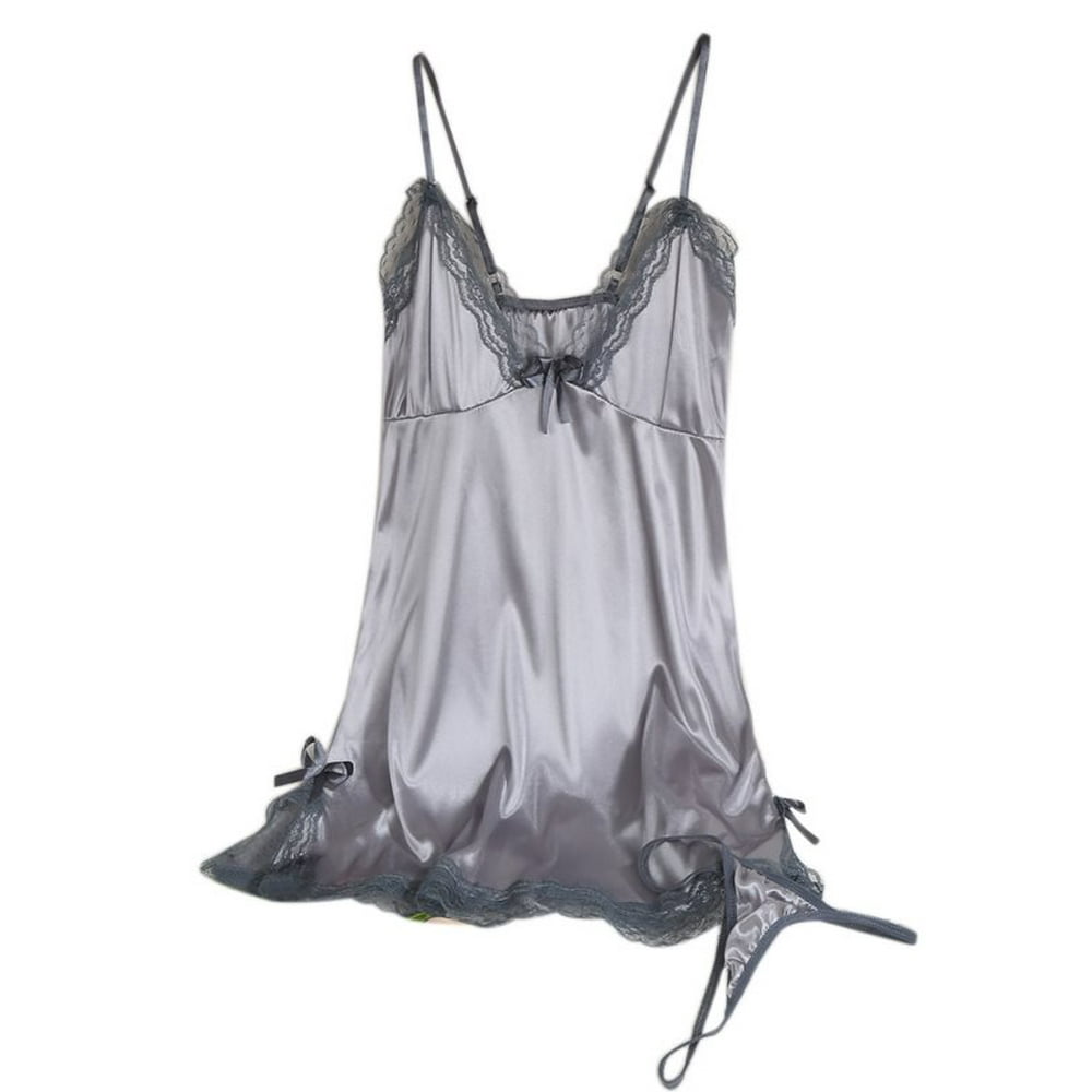 Fysho Sleepwear Sexy Lingerie Nightgown Lace Chemise Satin Slip Silk
