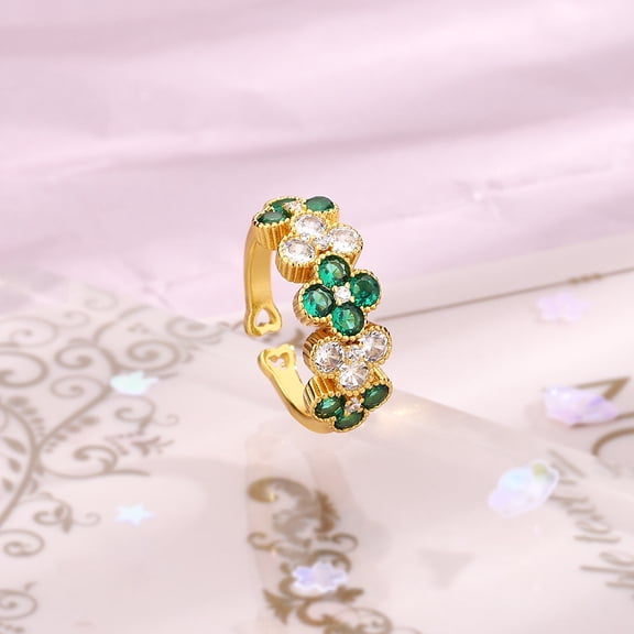 Diamond set emerald four-leaf clover ring zircon green white color flower ring