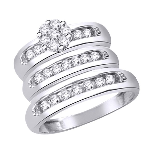AFFY White Natural Diamond Engagement & Wedding Trio Band Ring Set In 14k White Gold Over Sterling Silver (0.75 Cttw)