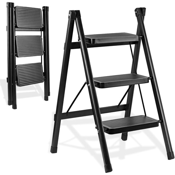 3-Step Ladder, Folding Step Stool for Kitchen/Closet/Garage, Sturdy & Lightweight Aluminum Handy Ladder, 250 lbs Capacity, Anti-Slip Pedals, Compact & Portable for Home DIY & Everyday Tasks