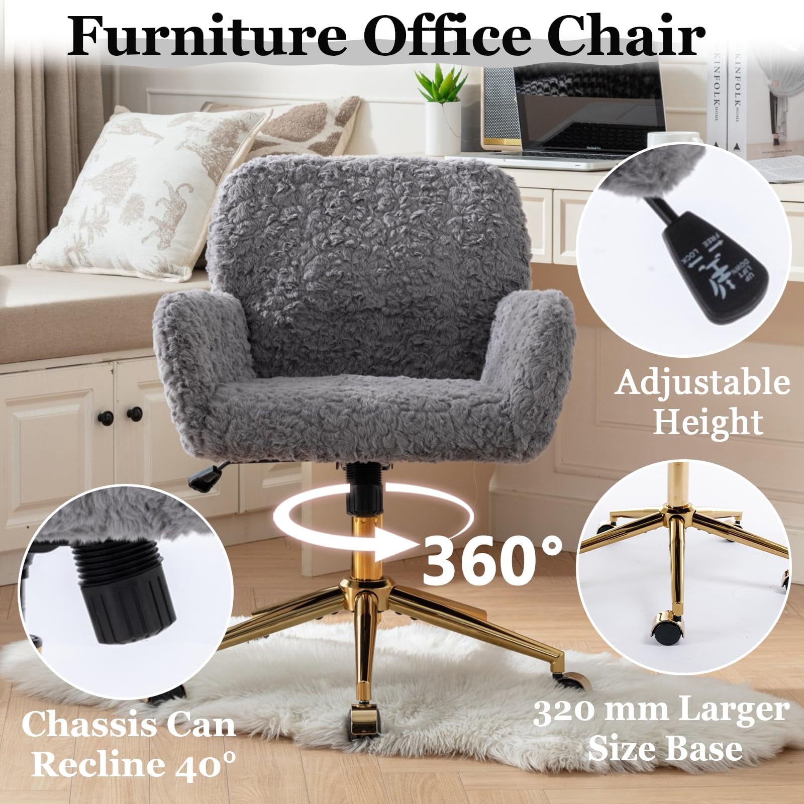 JESTOP Furry Cute Office Chair, Modern Swivel Desk Chair with Wheels, Adjustable Makeup Vanity Chairs with Back, Upholstered Rolling Chairs for Vanity Makeup Room Study Indoor