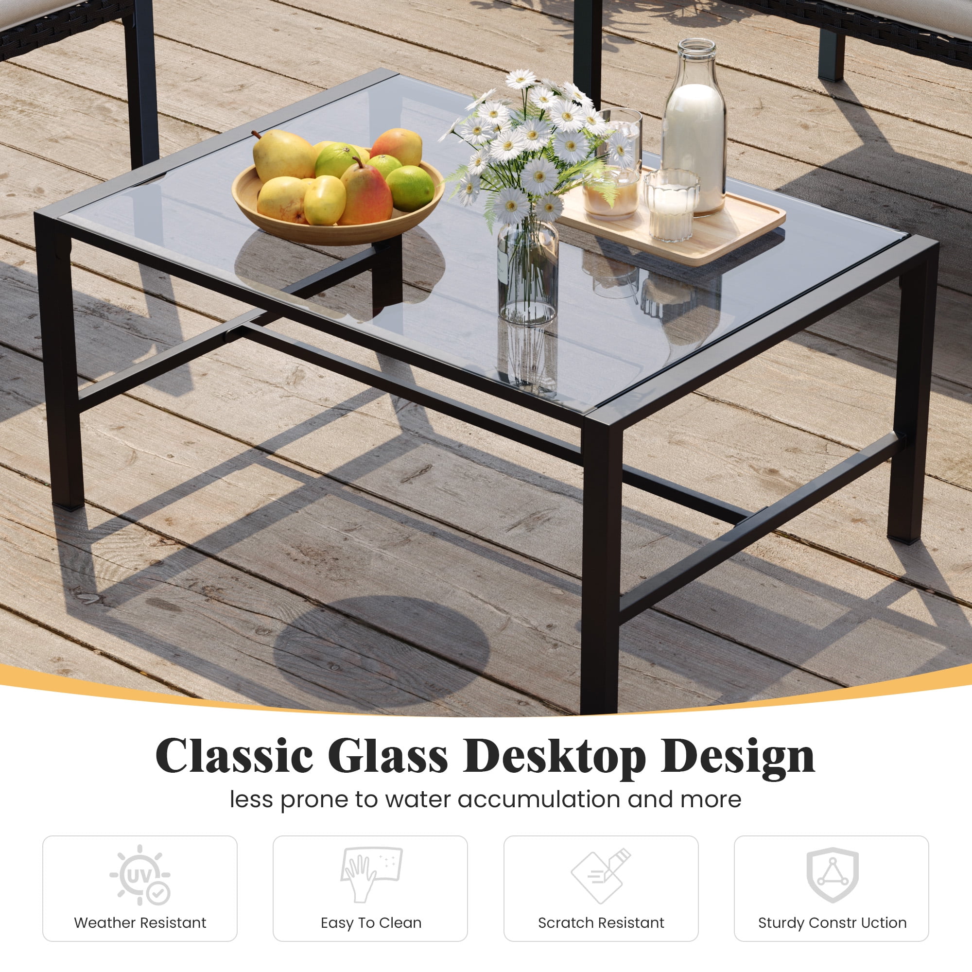 ELPOSUN Patio Furniture Sets for 4, 4 Pieces Patio Comversation Set with Glass Coffee Table,for Backyard Balcony Lawn Pool,Black/Beige