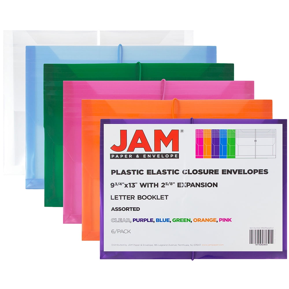 JAM Paper Plastic Expansion Envelopes with Elastic Band Closure, Letter Booklet, 9 3/4 x 13 with 2.5' Expansion, Assorted Colors, 6/Pack