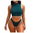 thumbnail image 2 of snilers Women Two Piece Bikini Set Swimsuit Slimming Bathing Suit Sporty Sleeveless Mock Neck Crop Tank Top with Bottom S-2XL, 2 of 7