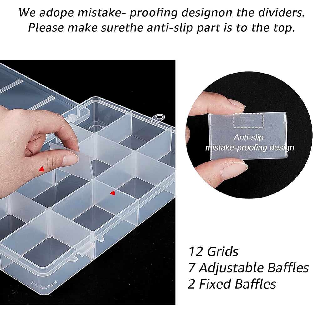 4Pcs Rectangle PP Plastic Bead Storage Container 12 Compartment Organizer Boxes with Hinged Lid for Small Parts Hardware and Craft Clear