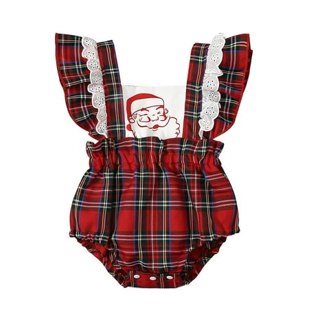 

BULLPIANO Newborn Baby Girl Christmas Ruffles Bodysuit Red Plaid Short Sleeve Christmas Jumpsuit