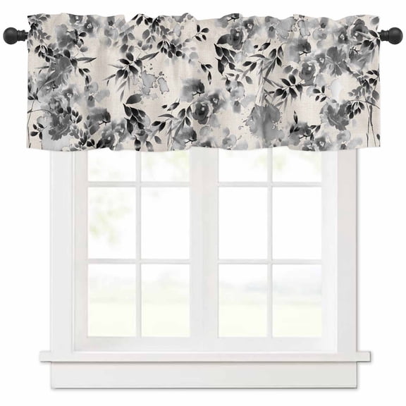 Hokiten Rod Pocket Curtain Valance, Black Grey Spring Floral Farmhouse Window Valance for Living Room, Bedroom, Kitchen Summer Botanical Watercolor Rustic 42"W x 18"L