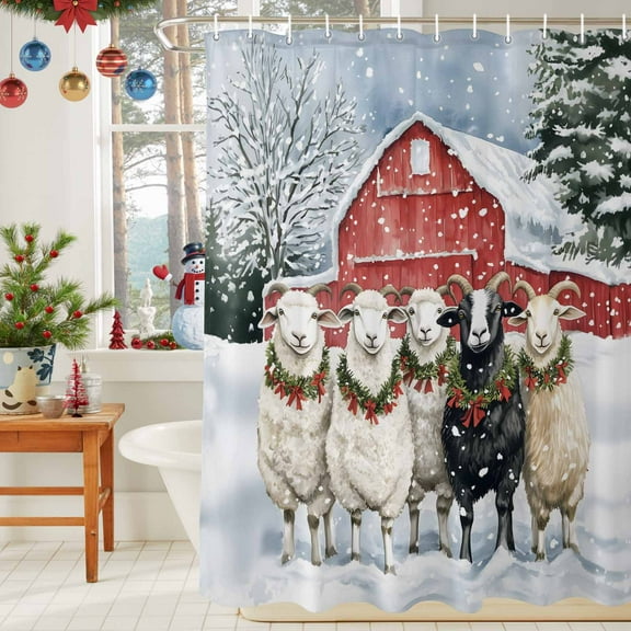 Shower Curtain Bathroom Set Christmas Sheep Farm Red Barn Waterproof Fabric Shower Curtains with Grommets&Hooks Winter Snow Scene Privacy Bath Curtain for Bathtub 36x72in
