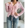 thumbnail image 6 of Women'S V Neck Lace Sheer Top Mesh See Through Shirts Open Front Tie Long Sleeve Blouses Y2k Going Out Tops Pink M, 6 of 8