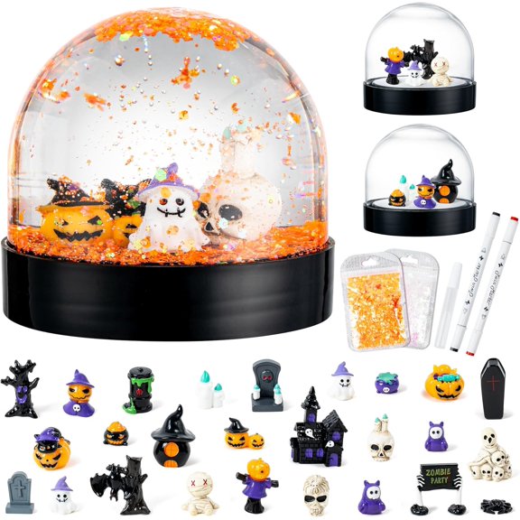Halloween Snow Globe Craft Kit, Fun DIY Spooky Pumpkin Water Globes Making Kits Toys, Snow Globes Grave, Ghost, Bat Witch & Skull Party Favor Ornaments, Perfect Halloween Decorations Gifts