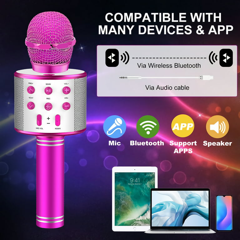 Wireless Bluetooth Karaoke Microphone, 4 in 1 Handheld Mic Speaker Machine Kid Adult Fit for Android/iPhone/iPad/PC, Gift for 3 4 5 6 7 8 Years Old