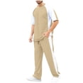 thumbnail image 2 of Afuyipoi Men Waffle Knit 2 Piece Sets, Round Neck Color Blocked Short Sleeve Tee and Straight Leg Pant Set Khaki L, 2 of 9