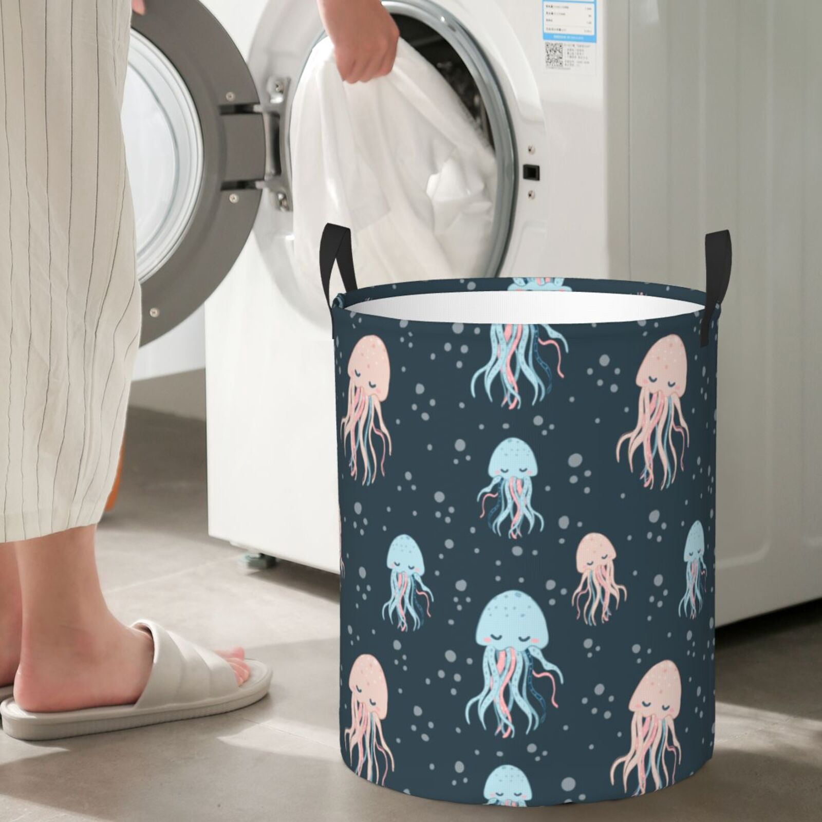 Large Laundry Basket with Handles - Cute Blue Pink Jellyfish Kids Baby Dirty Clothes Laundry Hamper for Bedroom Aesthetic