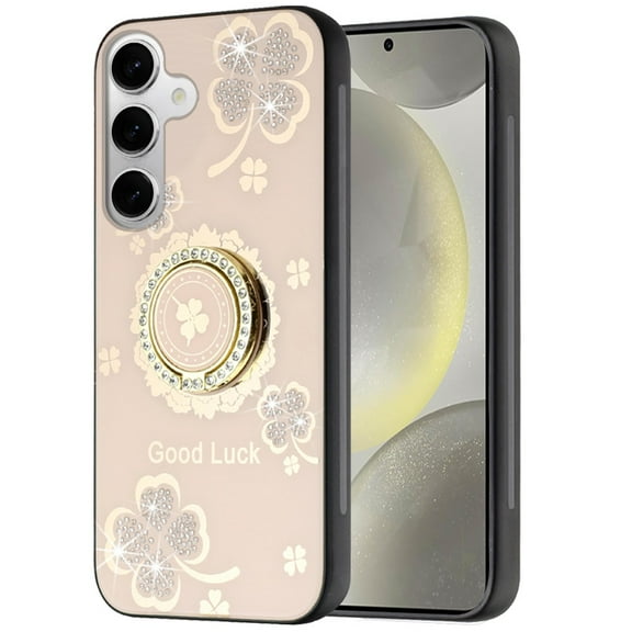 For Samsung Galaxy S25 /S25 Plus /S24 Plus Case, Diamonds 3D Fashion Floral Bling Sparkly Glitter Ornaments Engraving Hybrid with Ring Stand Phone Cover (Gold Good Luck Floral)