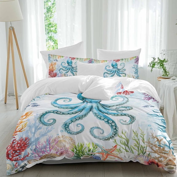3 Piece Octopus Coastal Duvet Cover Set Twin Size, Microfiber Comforter/Quilt Cover with Corner Ties and 2 Pillowcases, Blue Nautical Summer Beach Ocean All Season Soft Bedding with Zipper Closure