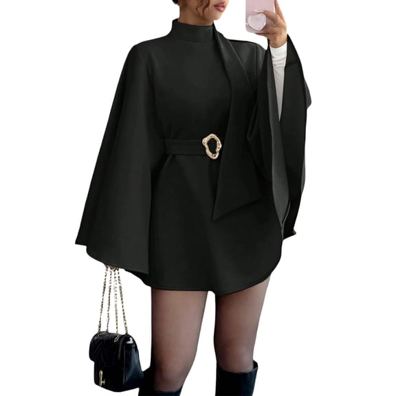 Stichou Womens Batwing Sleeve Poncho Pea Coats 2026 Oversized Belted Trendy Casual Stand Collar Cloak Fashion Coats Black XL