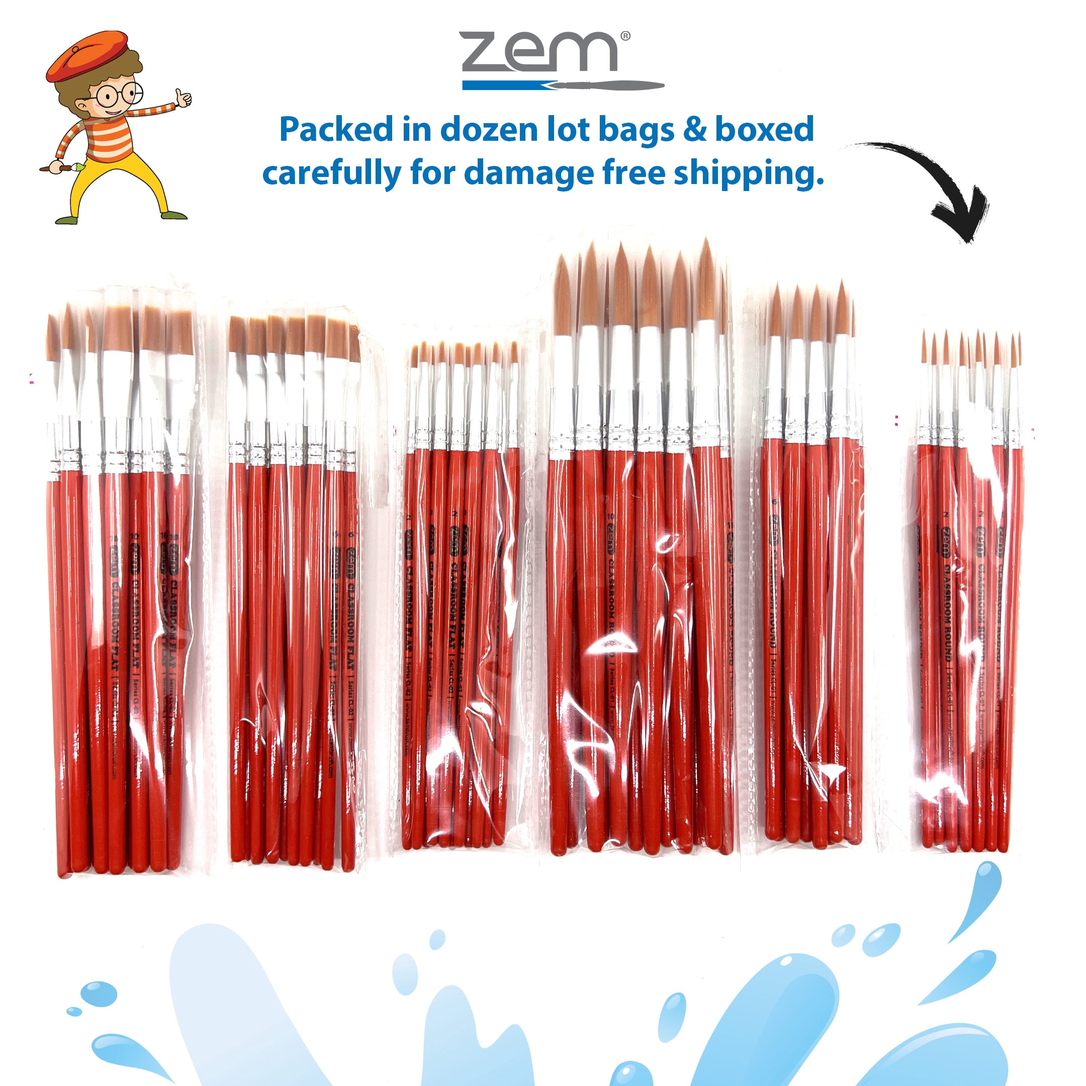 ZEM Brush Mfg CLB-3 Classroom Artist Paint Brush Box Set Rounds & Flats Combo - 72 pcs Total