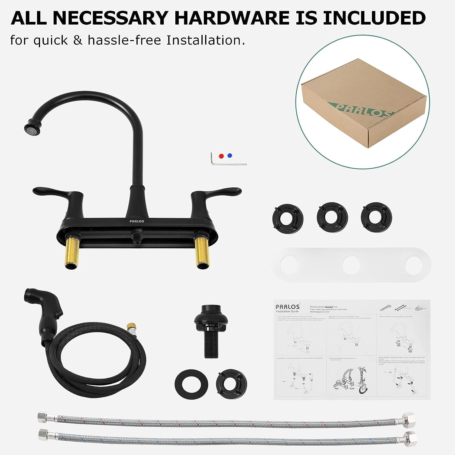 PARLOS 8 Inch Two Handles High Arch Kitchen Sink Faucet with Side Sprayer & Supply Lines, Matte Black