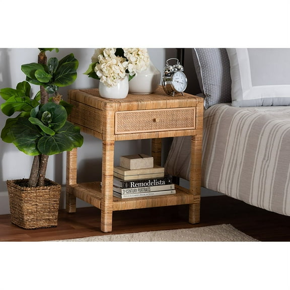 Baxton Studio Adelia Modern Bohemian Natural Rattan and Mahogany Wood 1-Drawer Nightstand