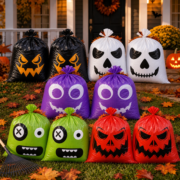 10 Pack Halloween Leaf Bags, 24 x 30 Inch Lawn Waste Bags with Spooky Faces, Assorted Color Outdoor Yard Decoration Bags