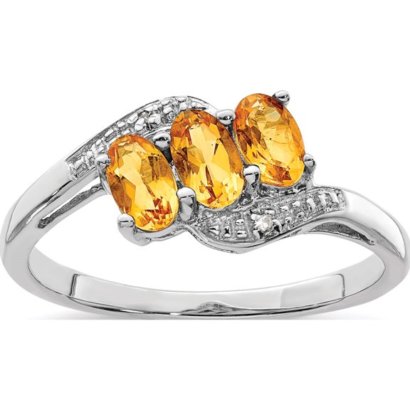 Sterling Silver Rhodium 3 Stone Citrine & Diamond Ring (Size 6) Made In India qdx731-6