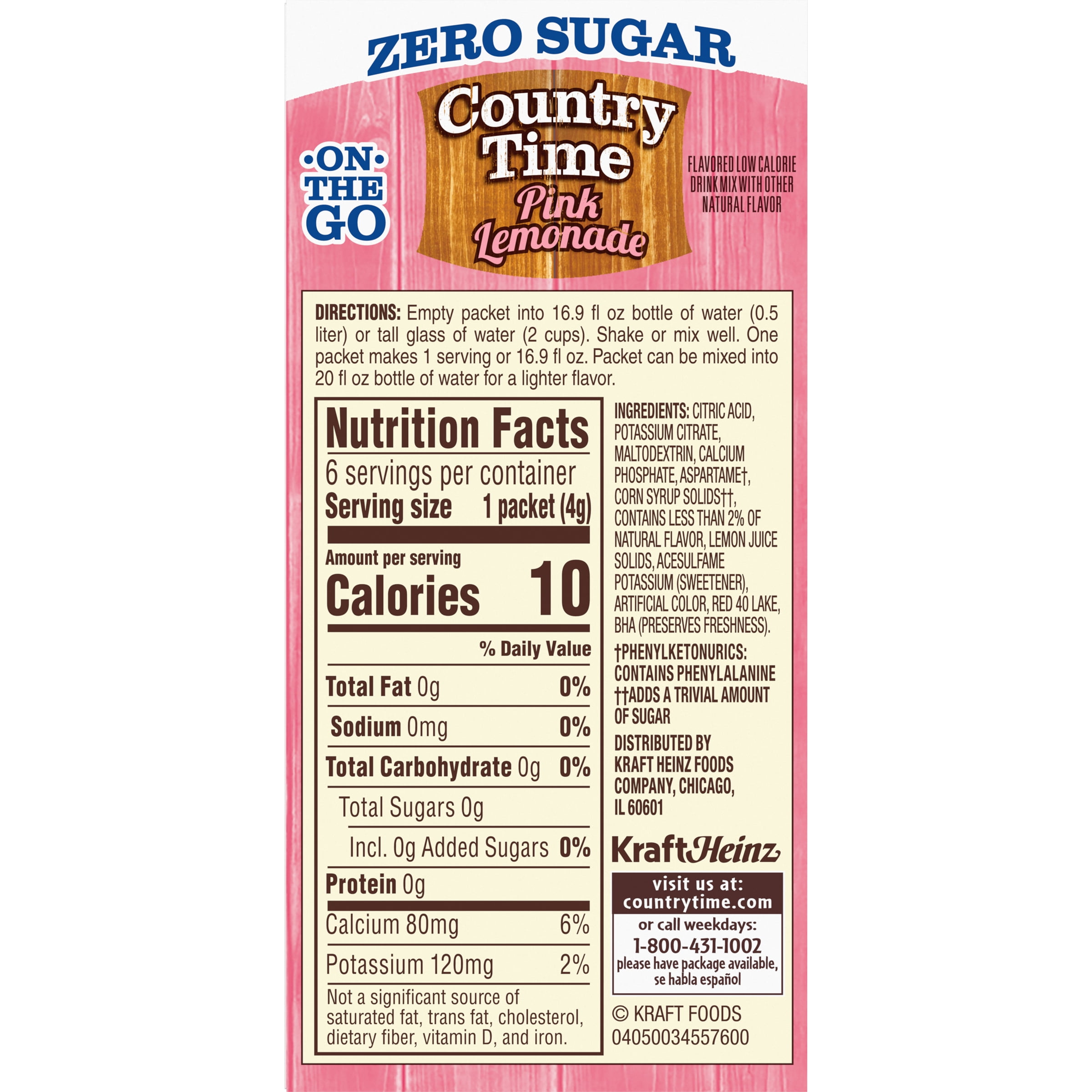 (4 pack) (1-Pack) Country Time Zero Sugar Pink Lemonade Drink Mix, 6 ct On-the-Go Packets