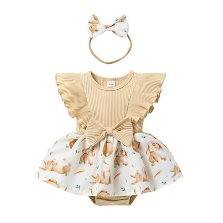 

Hwmodou Baby Print Bodysuits Girls Cotton Blend Ruffles Sleeveless Easter Rabbit Print Romper Bodysuits Dress Headbands Set Fall Winter Baggy Crawl Suit 3-6M