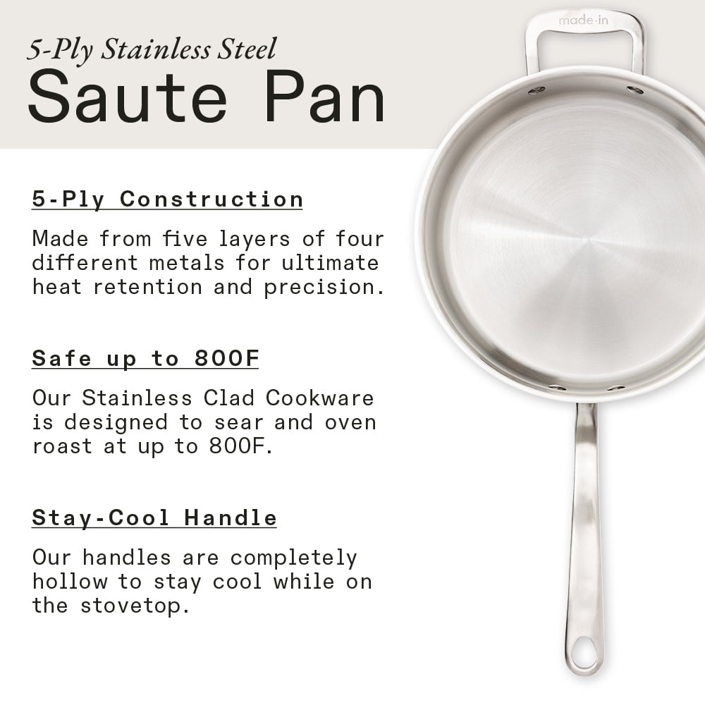  Made In Cookware - 3.5 Quart Stainless Steel Saute Pan - 5 Ply  Stainless Clad - Professional Cookware - Induction Compatible Italy: Home &  Kitchen
