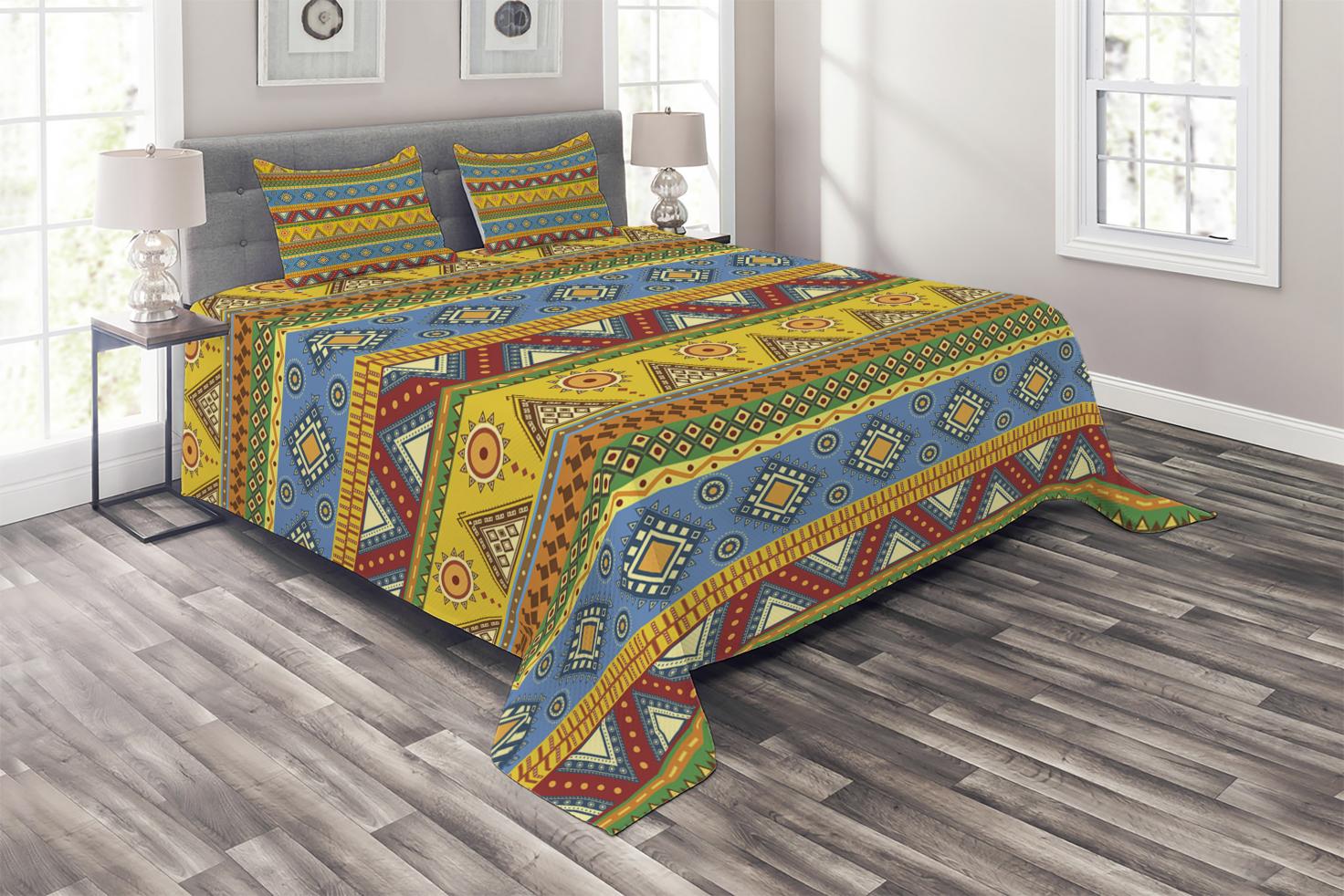 Aztec Coverlet Set, Traditional Classic Tribal Style Folk Motif with
