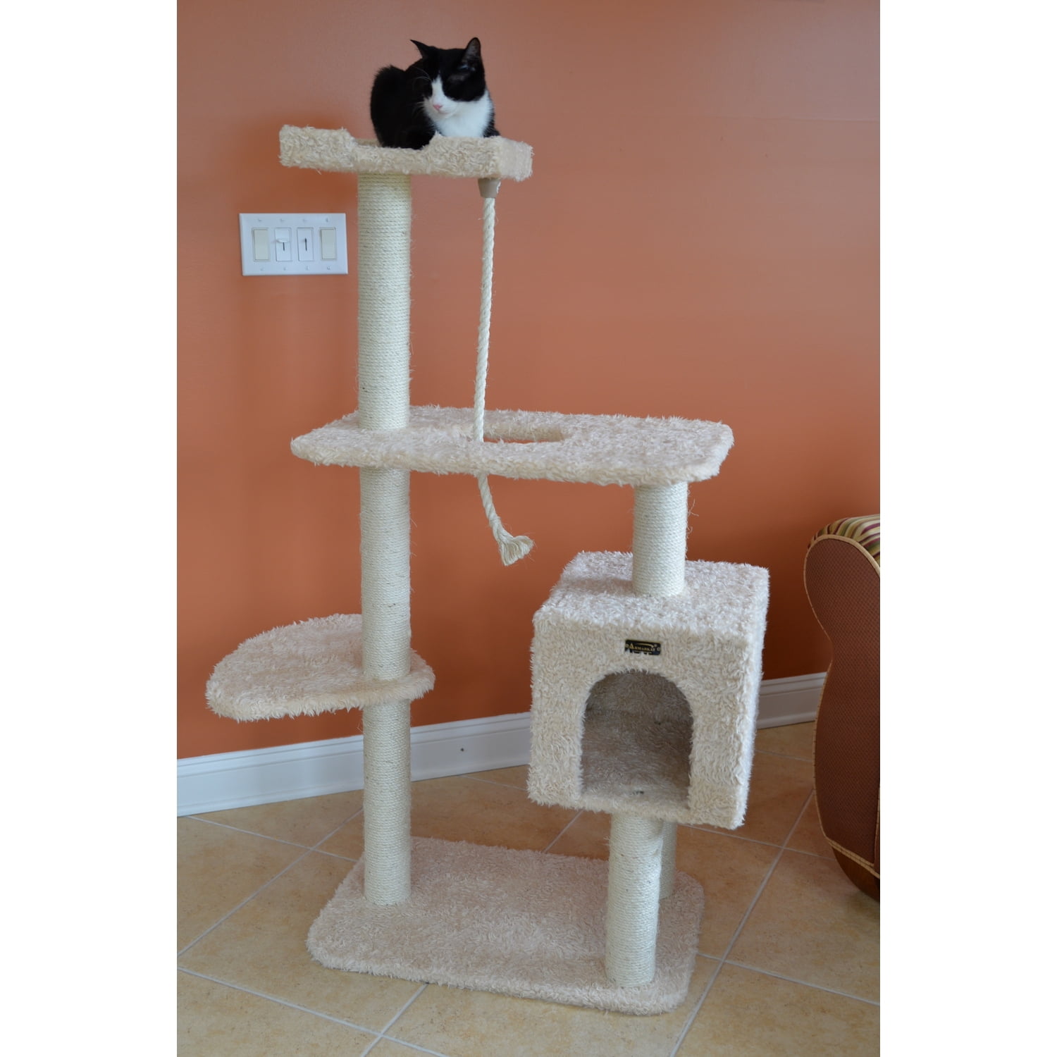 Cat Tree - Beige Faux Fur - 40" Tall - Playhouse, Ramp & Perch - 40 lb Weight Capacity