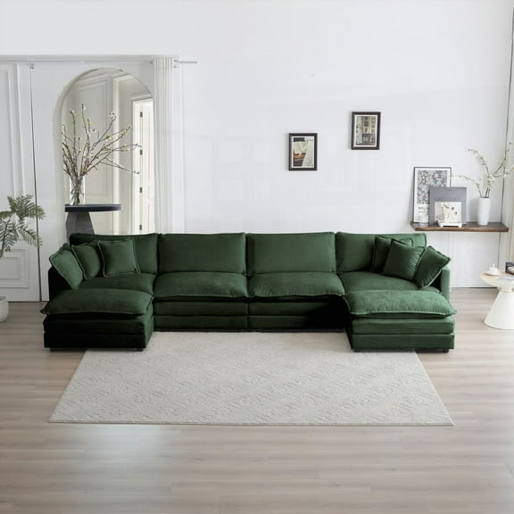 Premium Green Chenille U Shaped Couch - Modular Sofa with Reversible Chaise & Double Extra Ottomans