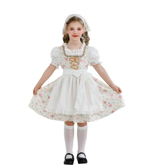 SERTG Girls Oktoberfest Maid-Style Set 3-Piece Cottagecore Print Dress   Head Scarf and Apron Cultural Theme Dress-Up Skirt Outfit for Kids 4-13 Years(White,13-14 Years)