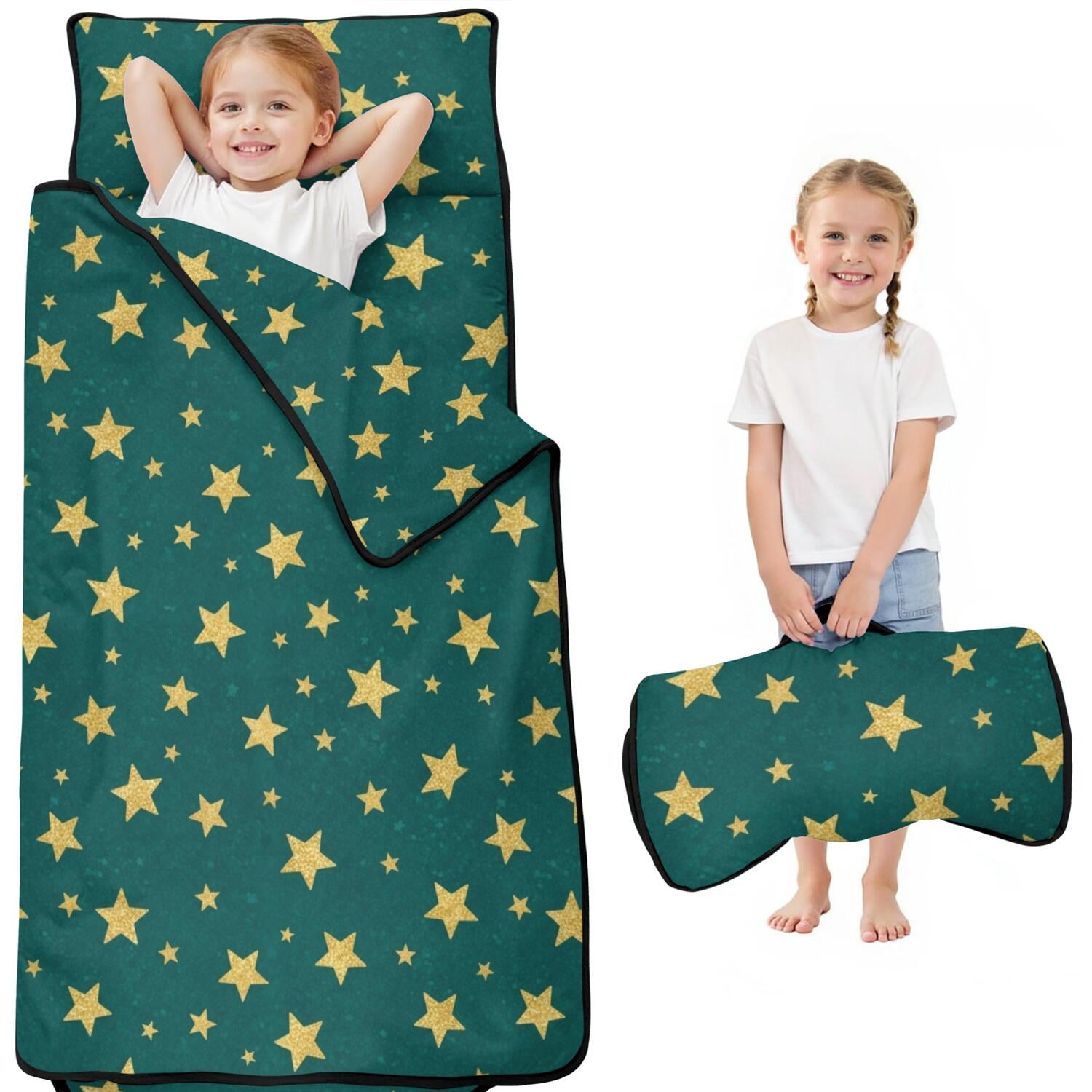 Golden Star Teal Background Pattern Kids Nap Mat Daycare Sleep Mat with Handle & Fastening Straps Easy Roll Up Gifts for Birthday Holiday 50 x20