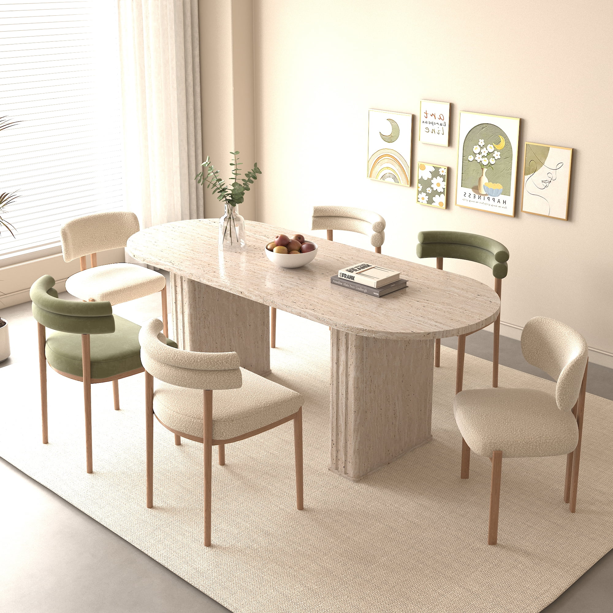 Extendable Oval Dining Table for 4-8 People, Travertine-Inspired Kitchen Table with Wooden Strip Base, Beige MDF Expandable Table for Family Living Room