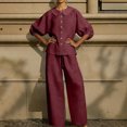 thumbnail image 4 of UDAUDU Women's Summer Linen Set Button Down Puff Sleeve Shirt And Drawstring Pants Two Piece Outfit Wine S, 4 of 5