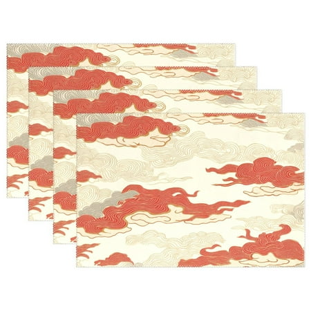 

White Background with Red Dlouds 4-Piece 12x18in Heat-Proof Place Mats Set Non-Slip for Family Dining