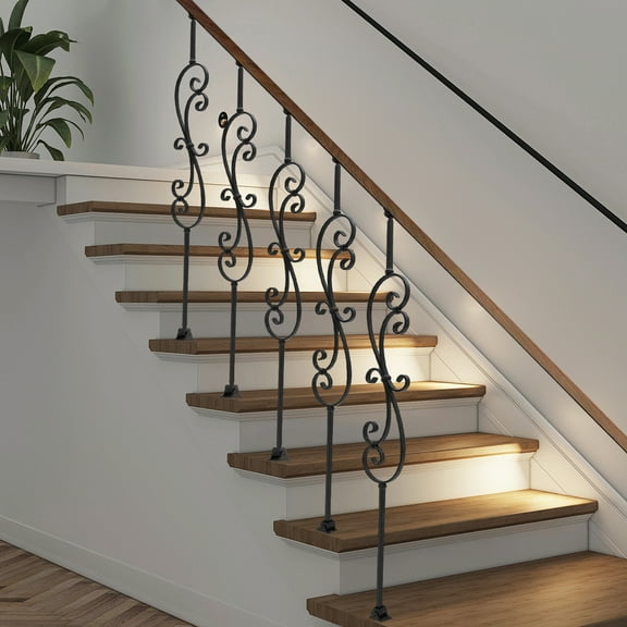 Black Wrought Iron 113*14.5cm Stair Balustrade s-Shaped Hollow Column 5 Supported Interior Decoration Guardrail