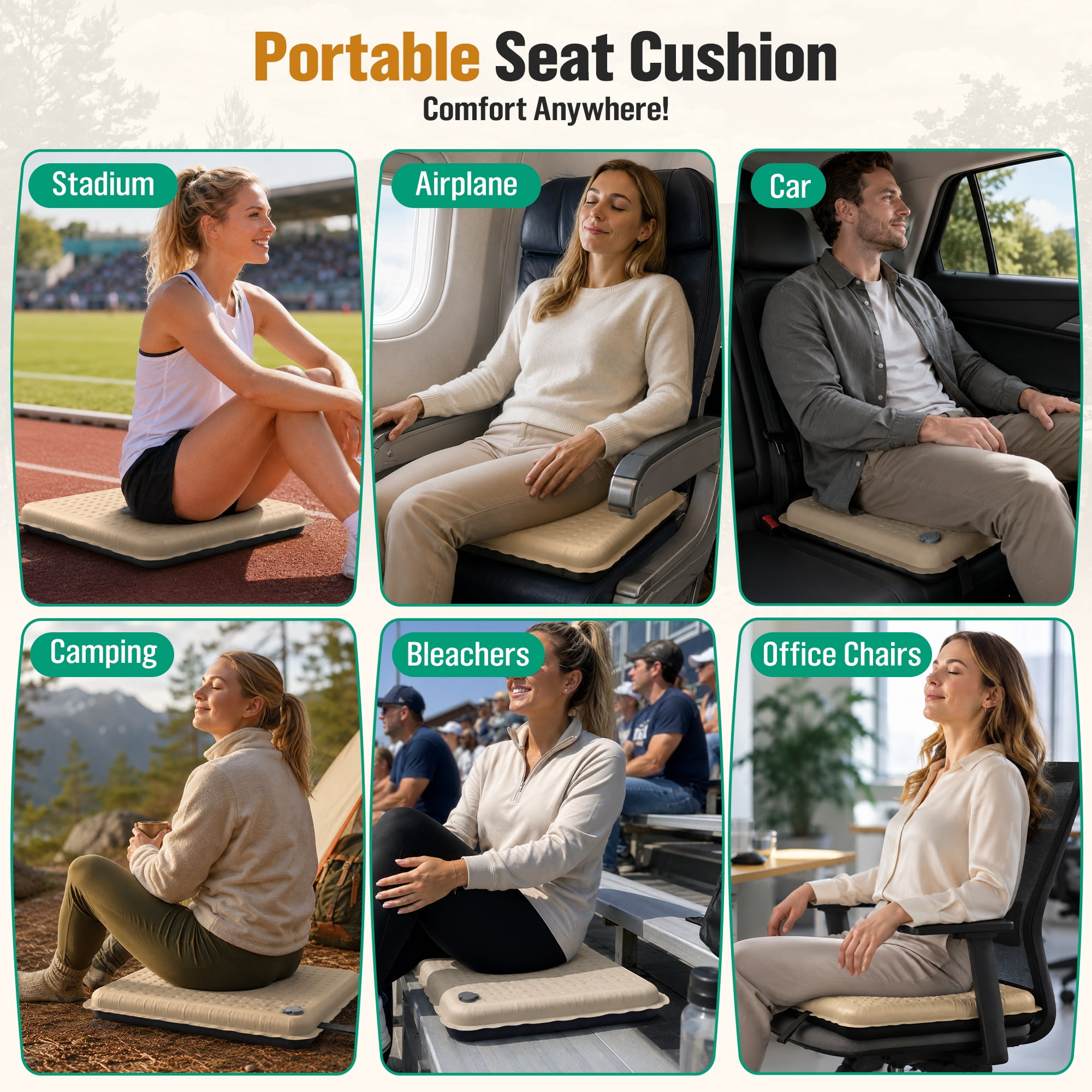 BNISE Inflatable Seat Cushion, 2 Inch Portable Self Inflating Memory Foam Seat Pad, Ultralight for Airplane, Stadium Bleachers, Camping and Office