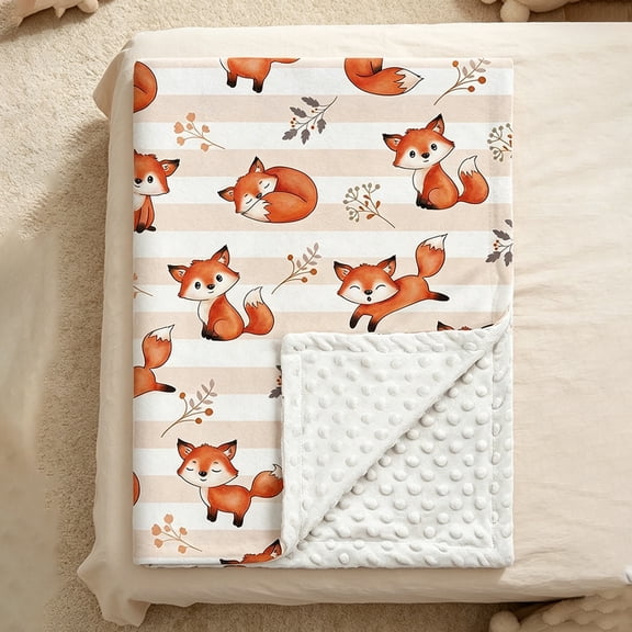 Cute Cartoon Fox Striped Print Dot Minky Fleece Throw Blanket, Double Layer Soft Cozy Lightweight Decorative Blanket for Sofa, Couch, Bed & Indoor Daily Use