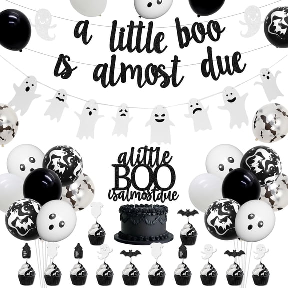 Black and White Halloween Baby Shower Set A Little Boo Is Almost Due Banner Ghost Garland Balloon Decorations Cake Topper Cupcake Picks for Spooky Baby Shower Party Photo Backdrop Dessert Table Decor